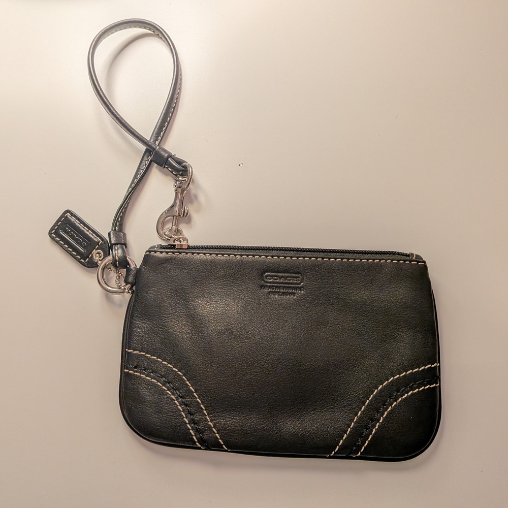 Coach Black Leather Wristlet with Stitch Detail